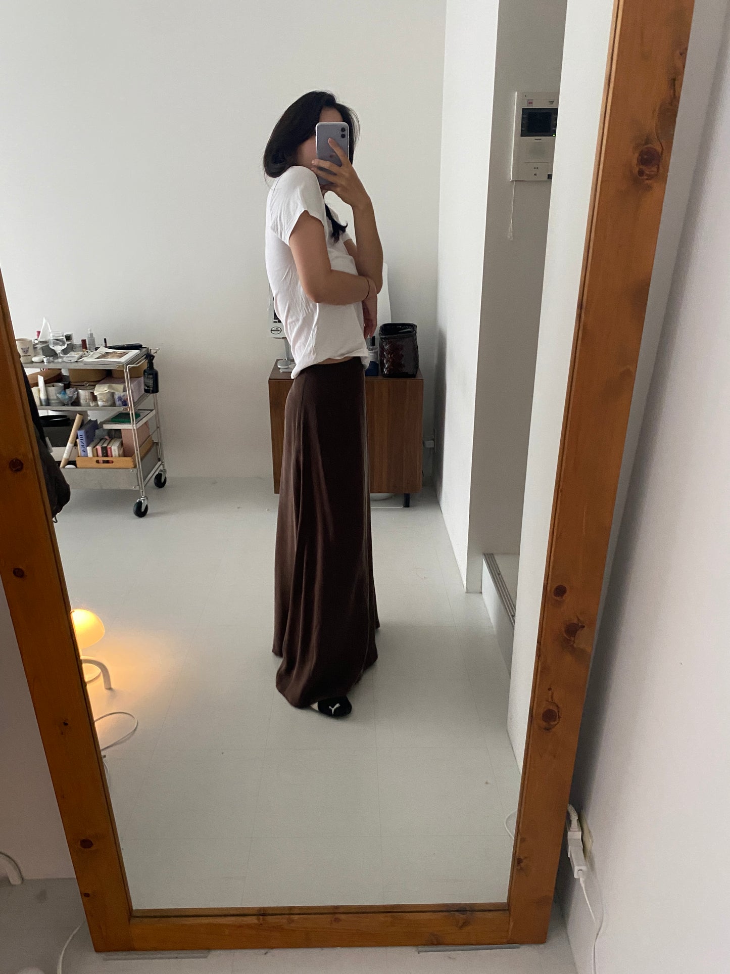 satin ankle-length skirt-BROWN