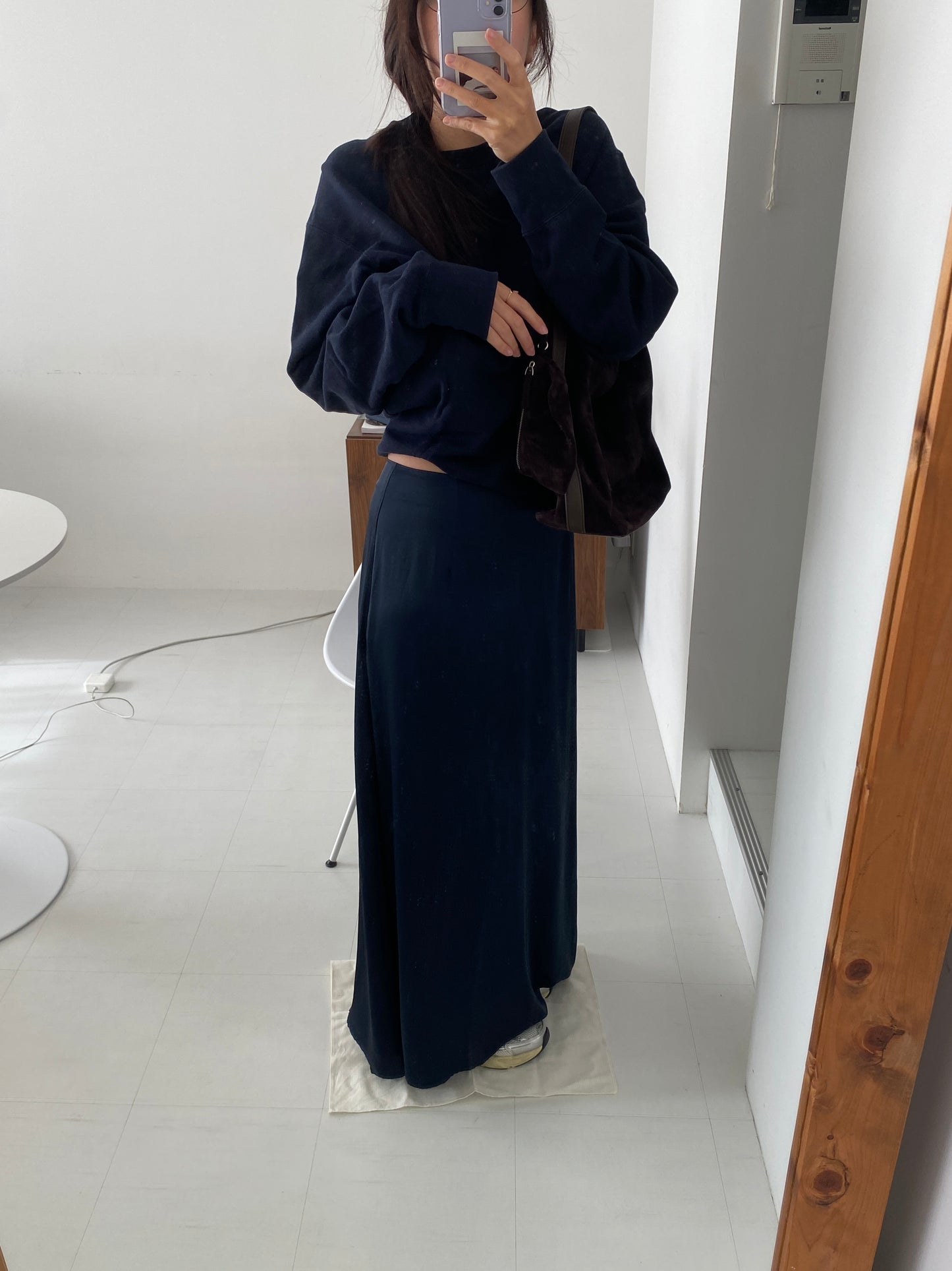 satin ankle-length skirt-NAVY