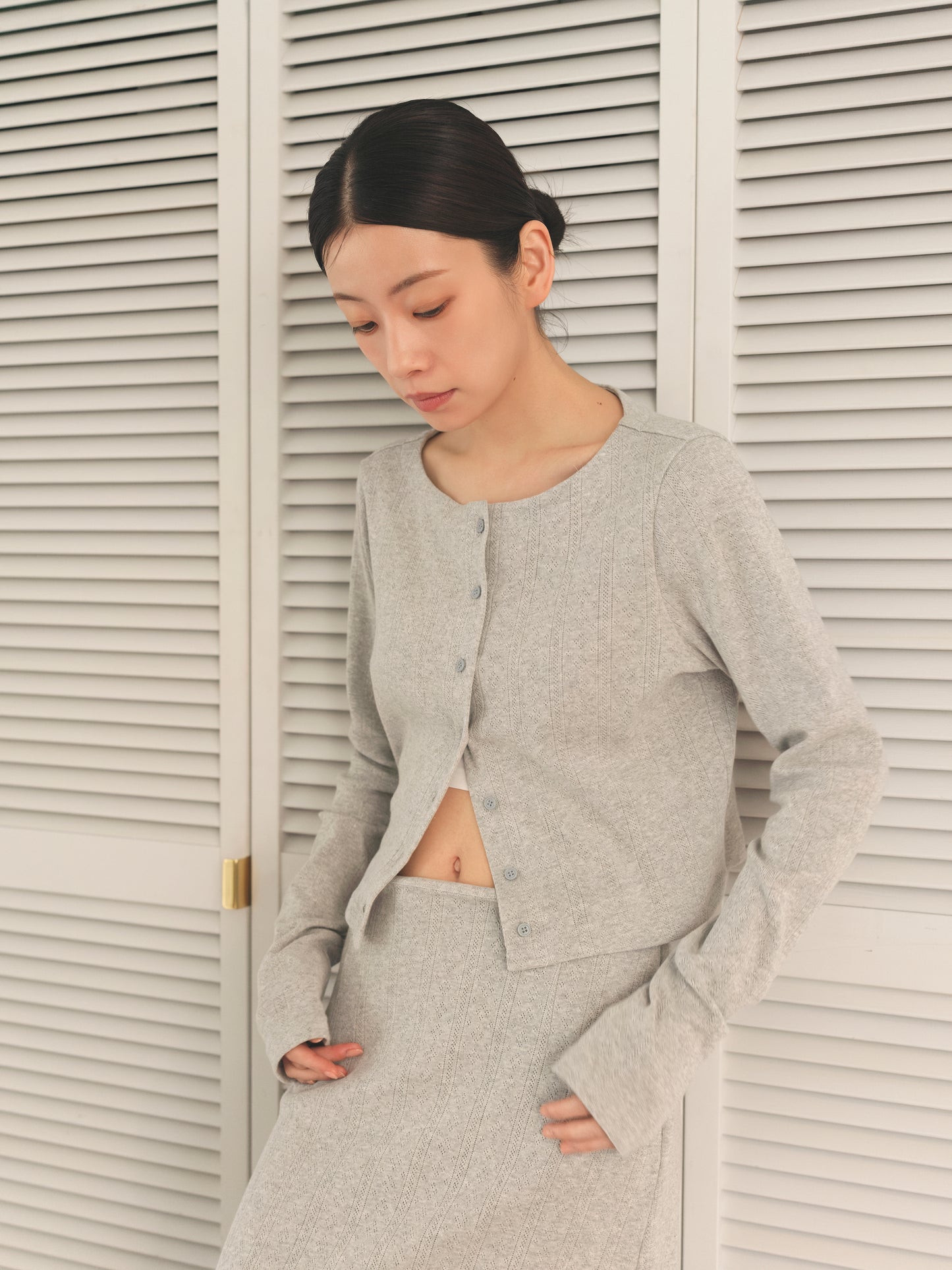 Eyelet Cotton Cardigan -Gray-