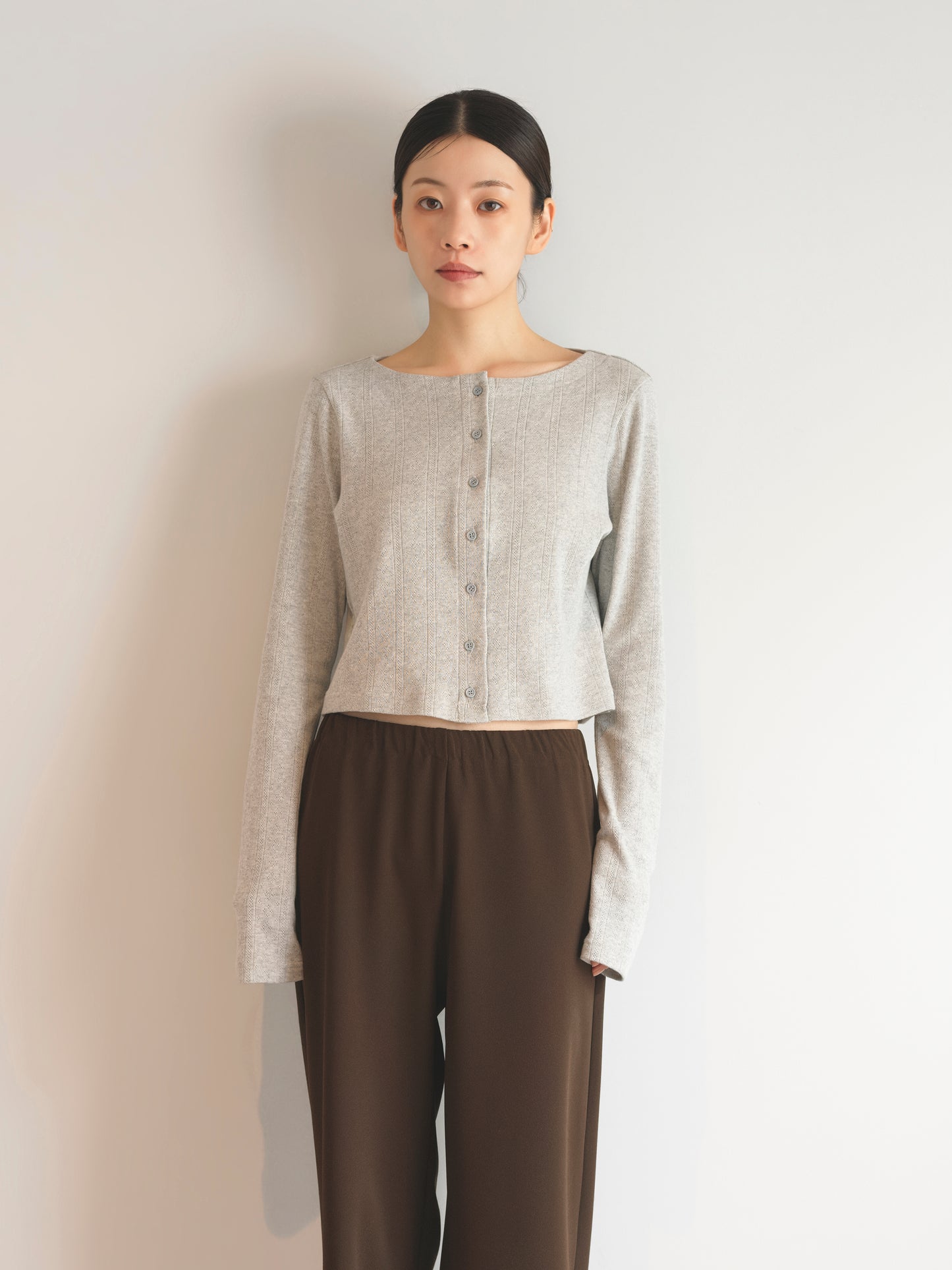 Eyelet Cotton Cardigan -Gray-