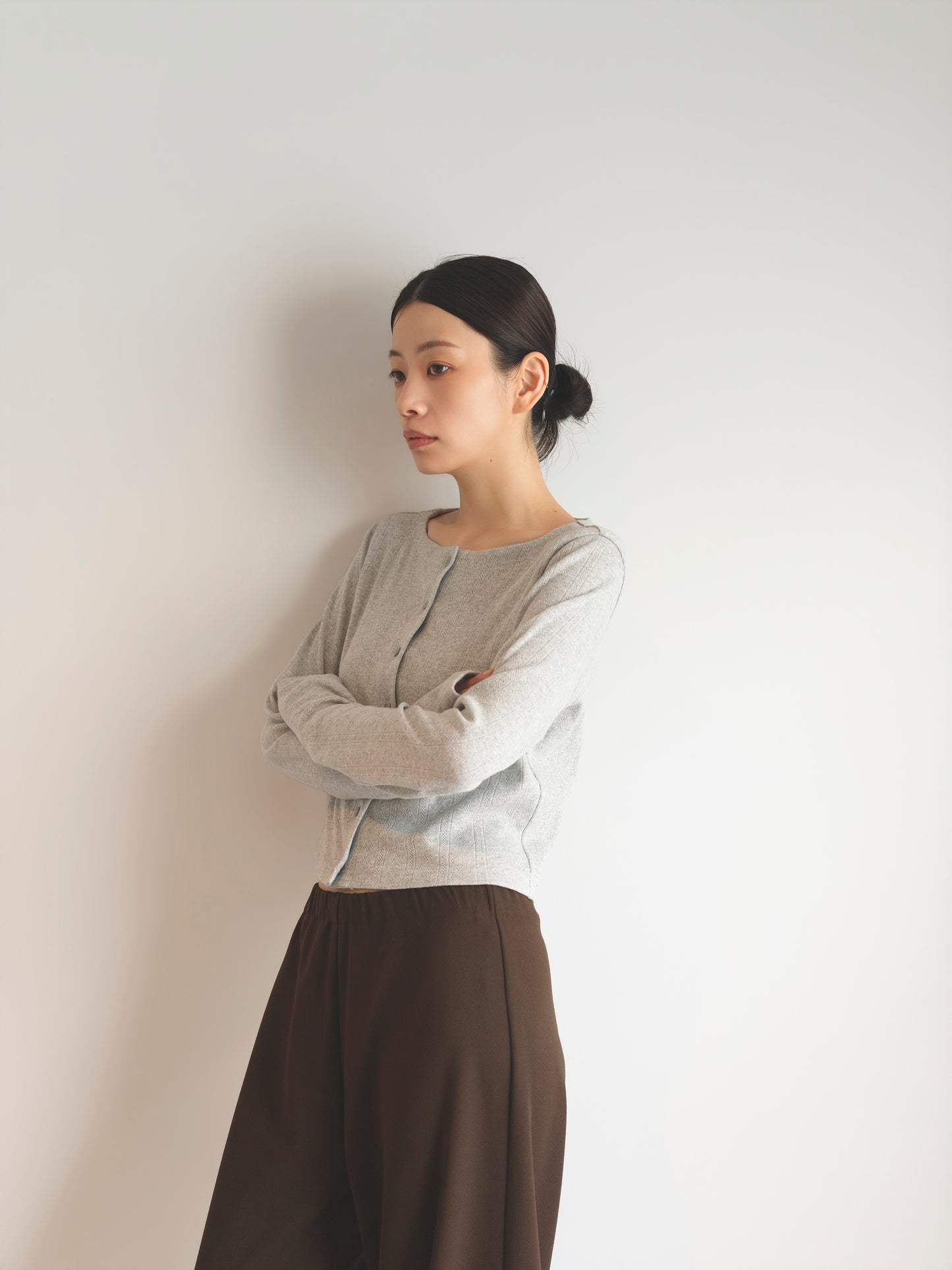 Eyelet Cotton Cardigan -Gray-