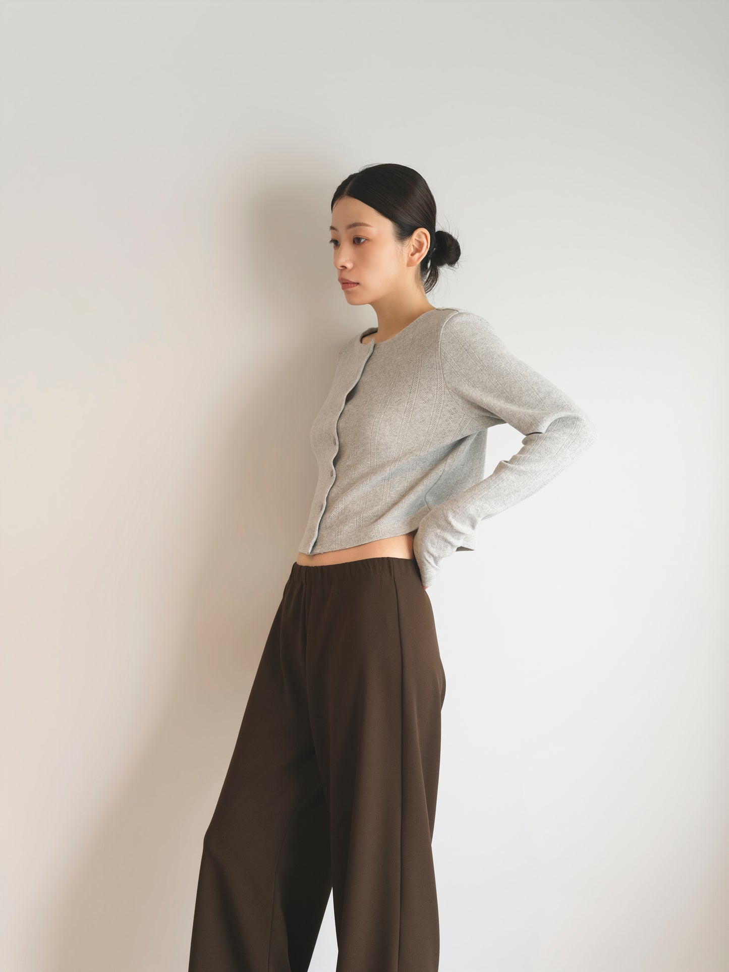 Eyelet Cotton Cardigan -Gray-