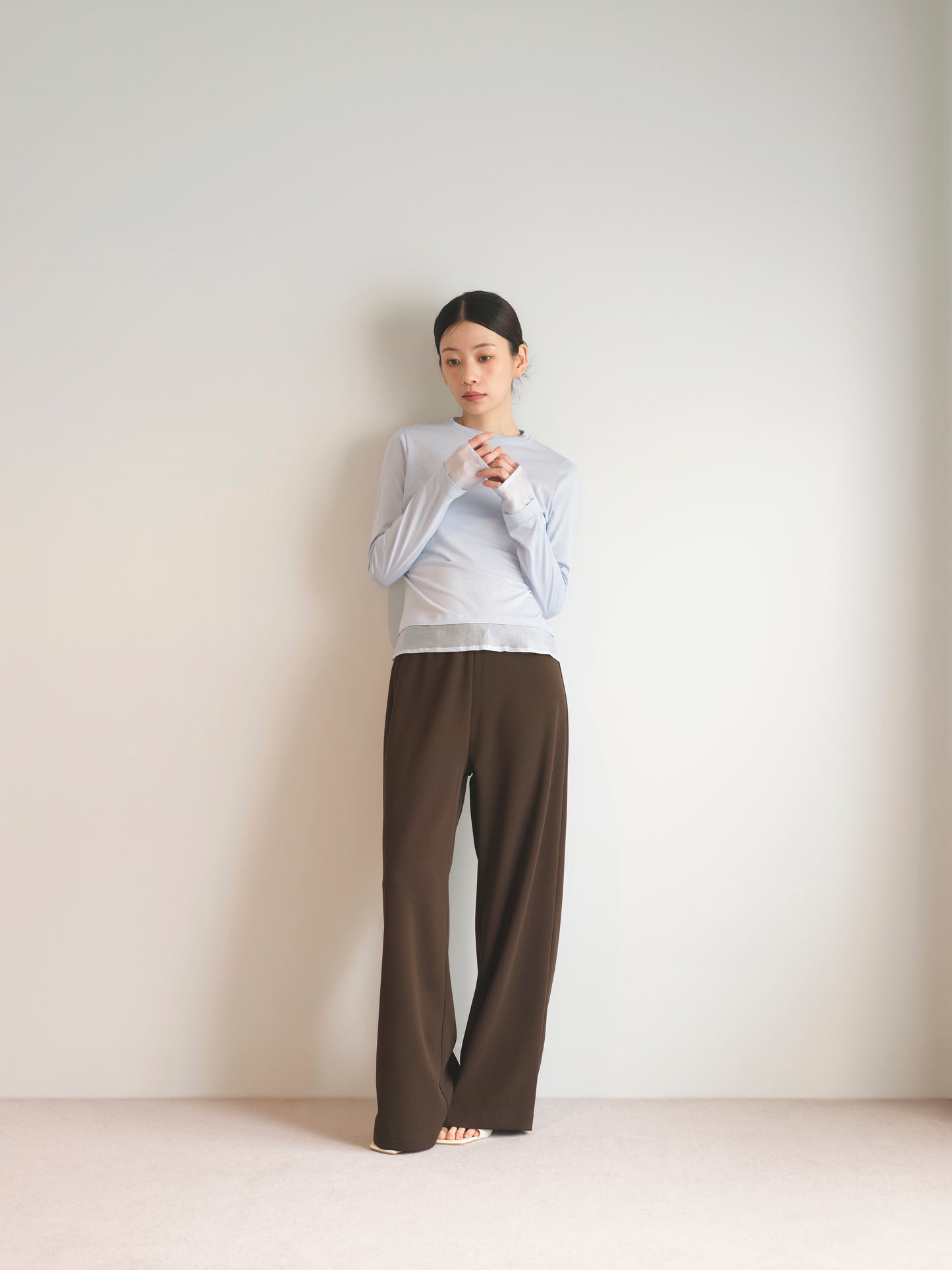 Georgette Jersey Easy Trousers-Brown-
