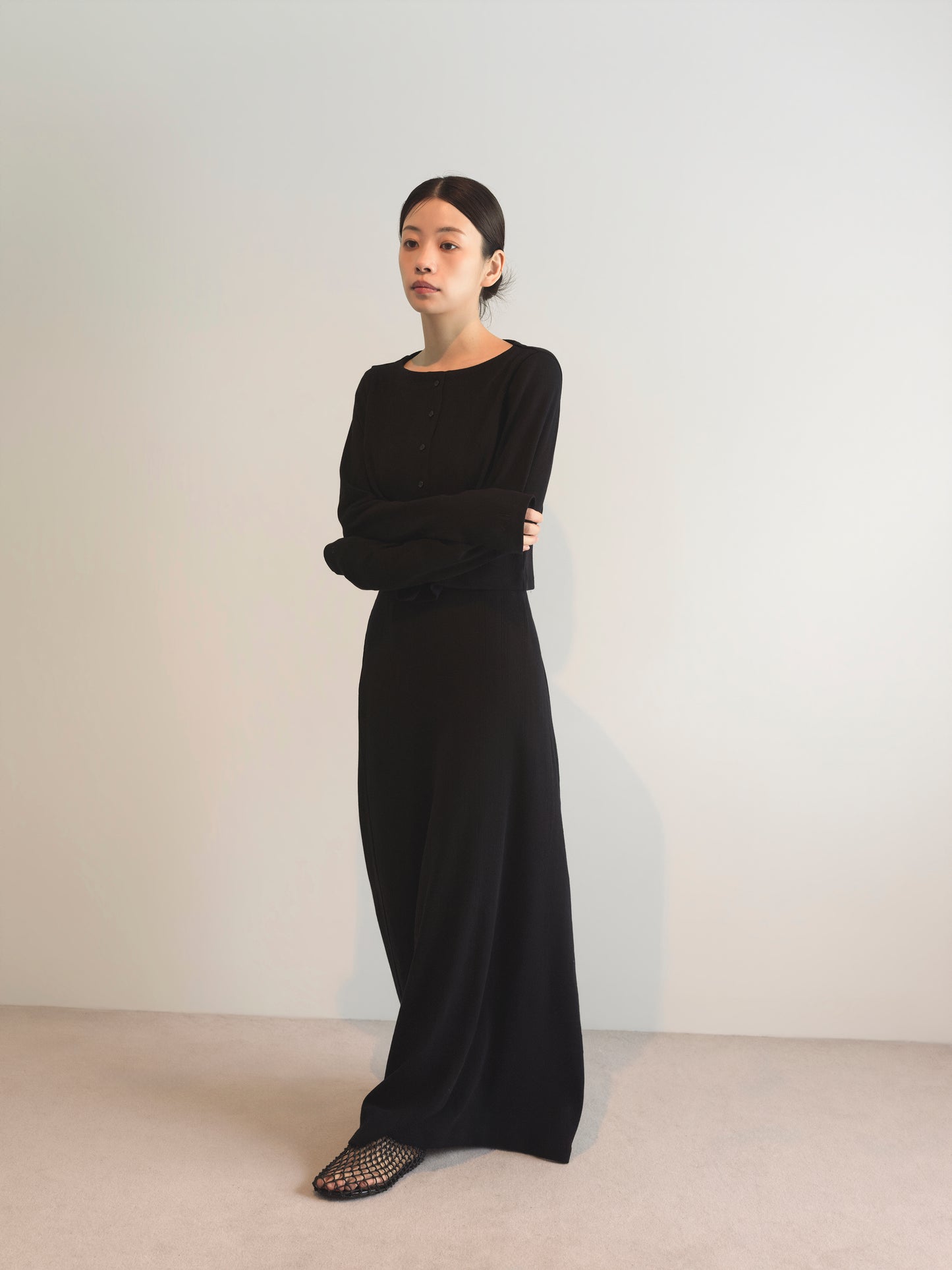 Eyelet Cotton I-Line Skirt-Black-