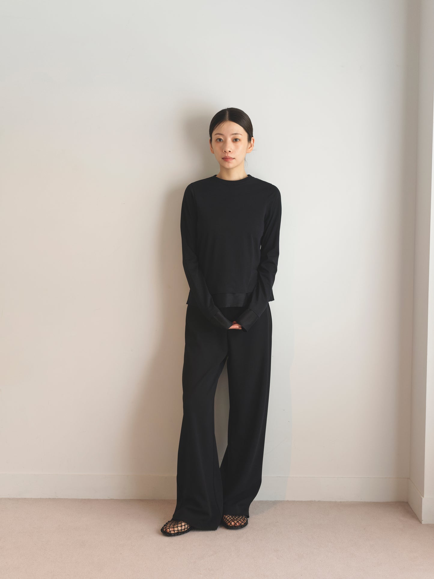 Georgette Jersey Easy Trousers-Black-