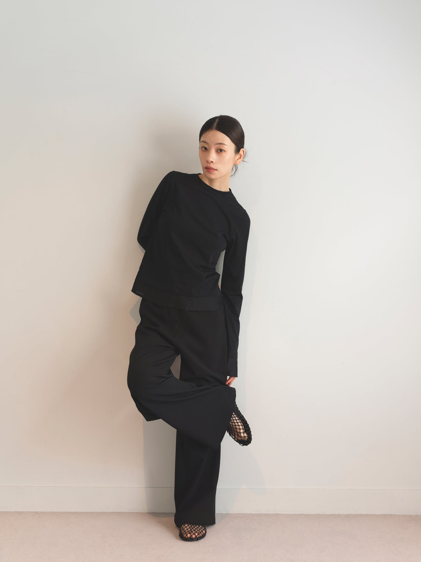 Georgette Jersey Easy Trousers-Black-