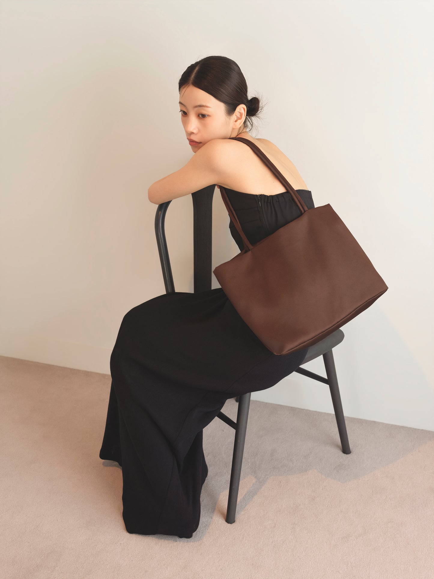 Satin Tote Bag -Brown-