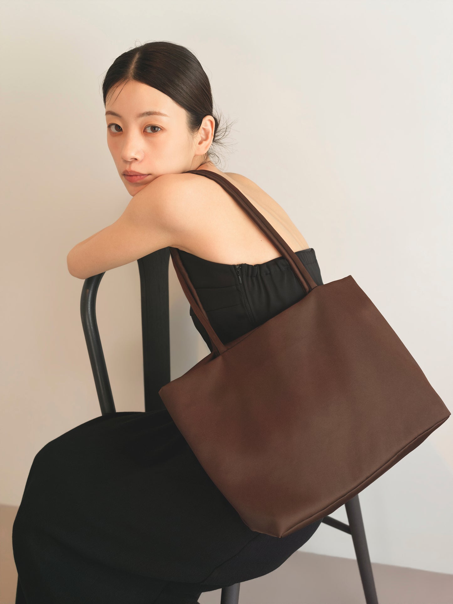 Satin Tote Bag -Brown-